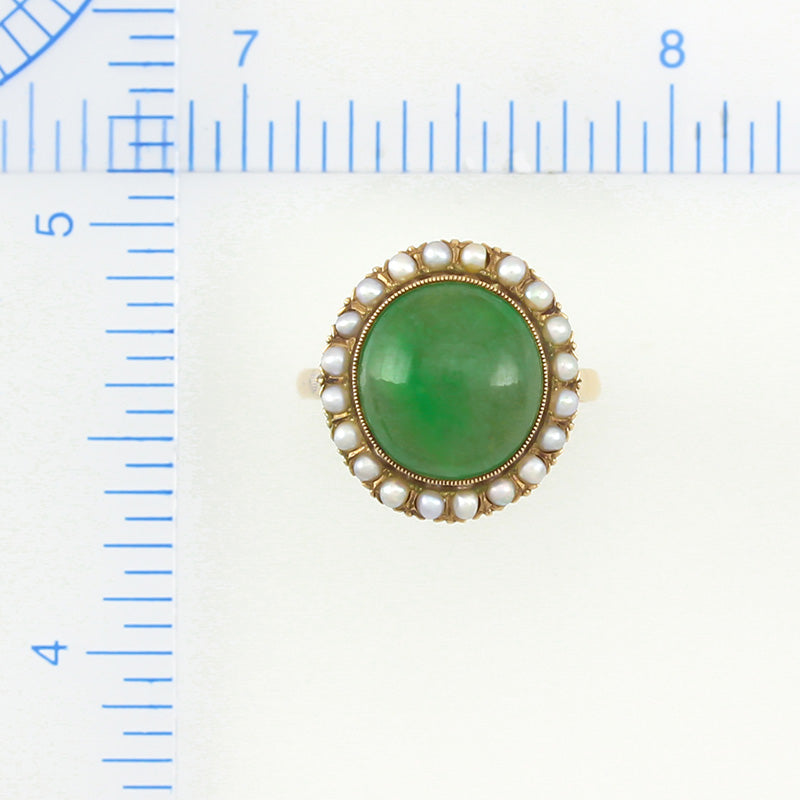ESTATE YELLOW GOLD GREEN JADEITE JADE & PEARL RING UPC #333871