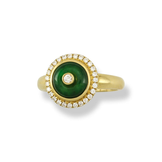 18K YELLOW GOLD GREEN JADEITE JADE AND DIAMOND DISC RING UPC #340008