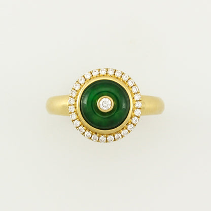 18K YELLOW GOLD GREEN JADEITE JADE AND DIAMOND DISC RING UPC #340008