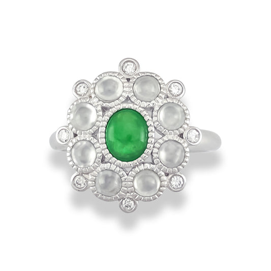 18K White Gold Designer Green and Ice Jadeite Jade Ring | UPC #341685