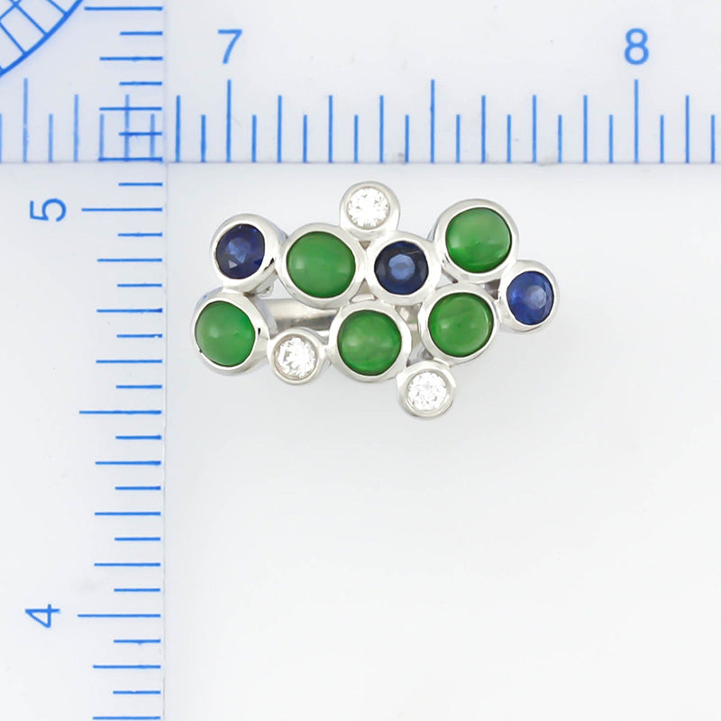 18K WHITE GOLD GREEN JADEITE, DIAMOND & SAPPHIRE 'BUBBLE' JADE RING UPC #354623