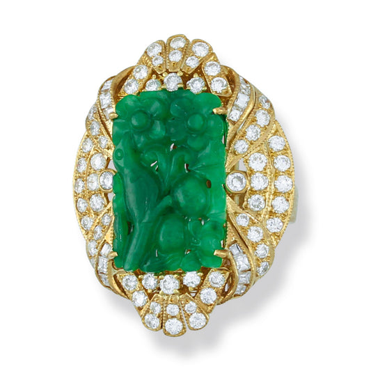 Estate 14K Yellow Gold Green Jadeite Jade Carved Ring with Diamonds | UPC #356856
