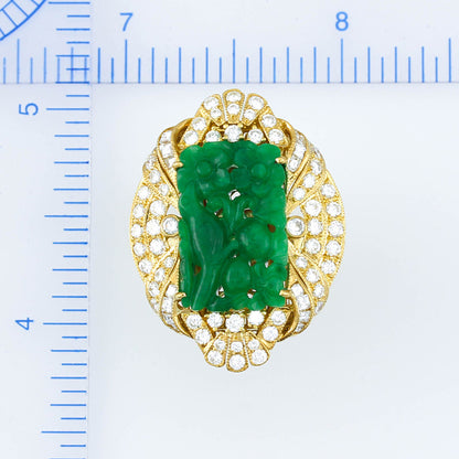 Estate 14K Yellow Gold Green Jadeite Jade Carved Ring with Diamonds | UPC #356856