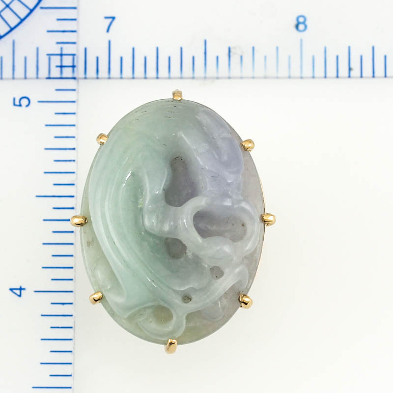 14K Yellow Gold Green and Lavender Jadeite Jade Dragon Carving Ring | UPC #373815