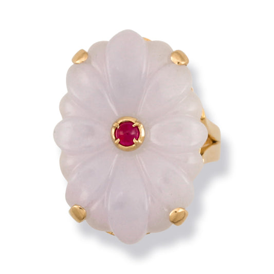 18K Yellow Gold Lavender Jade Cocktail Ring | Flower Ring with Jade and Ruby | UPC #382503