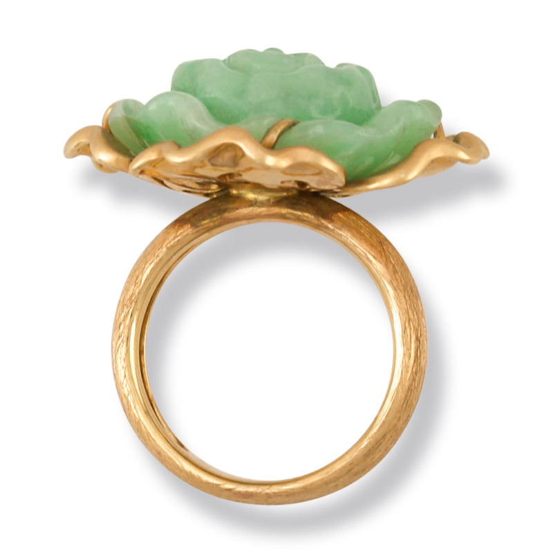 14K YELLOW GOLD GREEN JADEITE JADE CARVED FLOWER RING UPC #389953