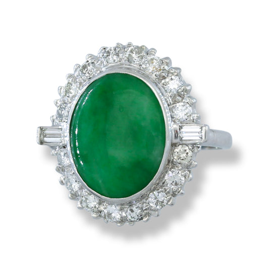 Estate Jade Ring | Vintage Green Jadeite Jade and Diamond Ring in 14K White Gold | UPC #390416