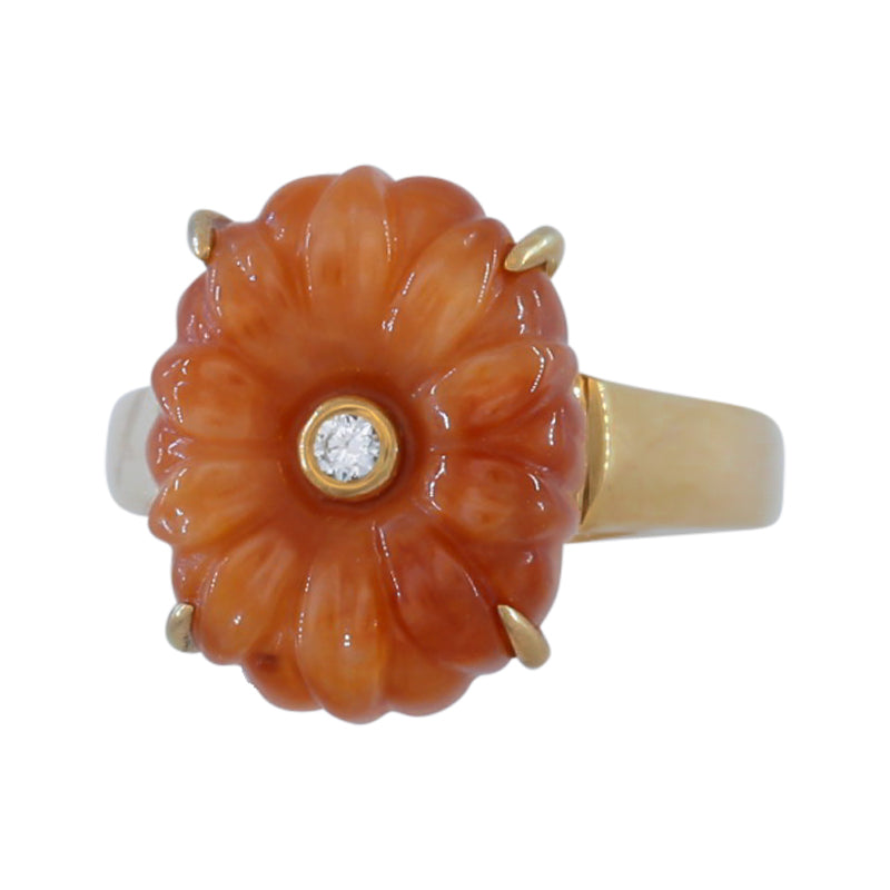 RED JADEITE JADE AND DIAMOND CARVED FLOWER 14K YELLOW GOLD RING UPC #391932