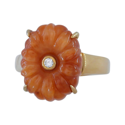 RED JADEITE JADE AND DIAMOND CARVED FLOWER 14K YELLOW GOLD RING UPC #391932