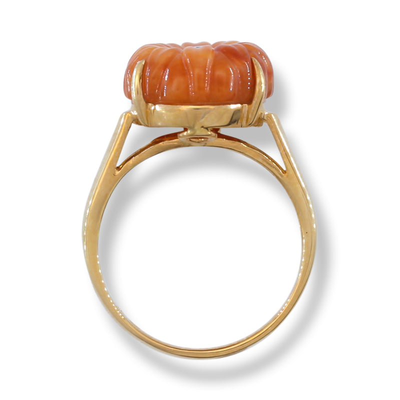 RED JADEITE JADE AND DIAMOND CARVED FLOWER 14K YELLOW GOLD RING UPC #391932