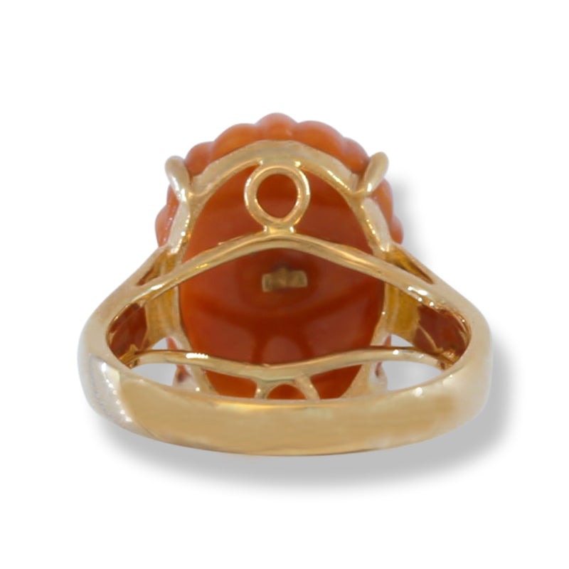 RED JADEITE JADE AND DIAMOND CARVED FLOWER 14K YELLOW GOLD RING UPC #391932