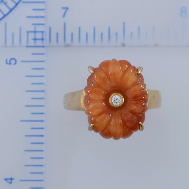 RED JADEITE JADE AND DIAMOND CARVED FLOWER 14K YELLOW GOLD RING UPC #391932