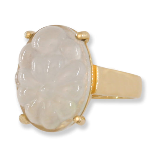 Ice Jadeite Jade Carved Floral 18k Yellow Gold Ring | UPC #396135