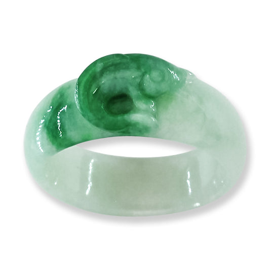 Vintage Green Jadeite Jade Band Ring With Carved Fish Top Size 9.25 | UPC #399655