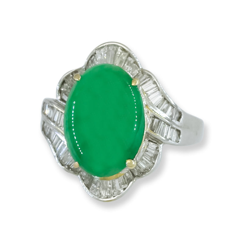 Estate Jade Ring | Vintage Green Jadeite Jade and Diamond Ring in 18K White Gold | UPC #399709