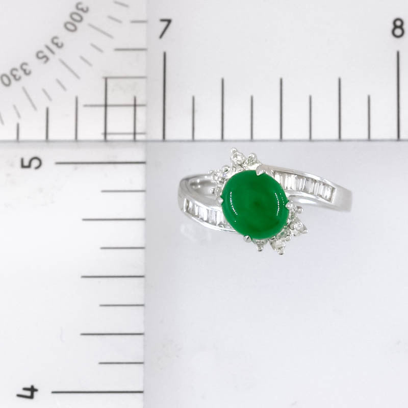 Estate Jade Ring | Vintage Green Jadeite Jade and Diamond Ring in 18K White Gold | UPC #405523