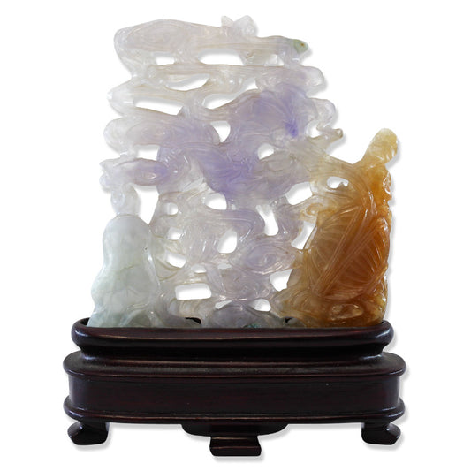 LAVENDER & RED JADEITE JADE BIRDS WITH LADY CARVED STATUARY UPC #393202