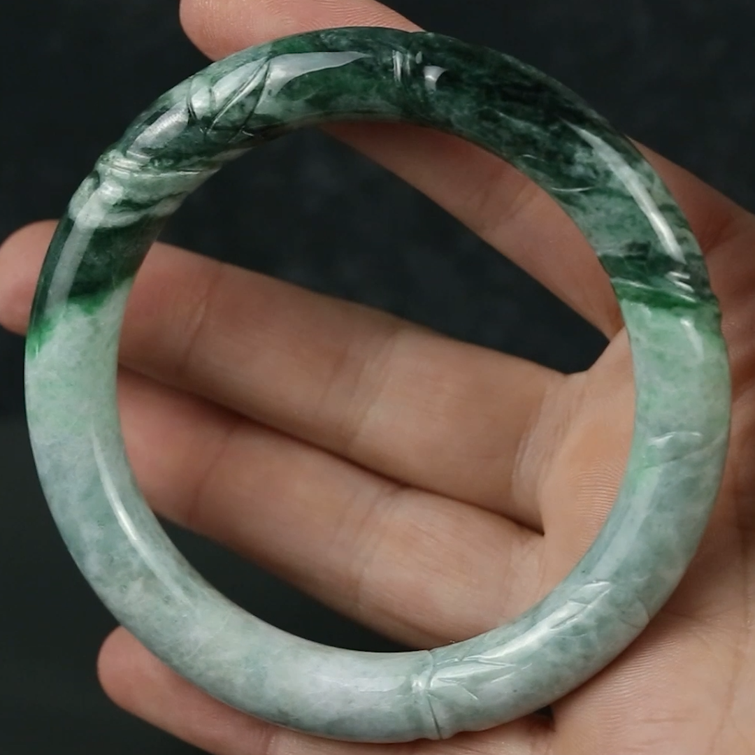 Green Jadeite Jade Carved Cylindrical Bangle 57.7MM | UPC #408180