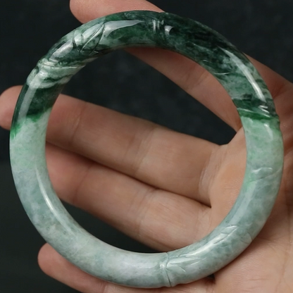 Green Jadeite Jade Carved Cylindrical Bangle 57.7MM | UPC #408180