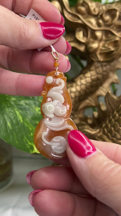 14K Yellow Gold Red and White Jadeite Jade Pendant Carving of Bat and Coin for Fortune and Prosperity | UPC #392014