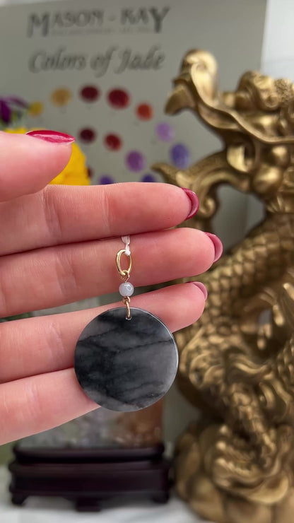 14K YELLOW GOLD GREY JADEITE JADE ROUND TABLET PENDANT UPC #395947