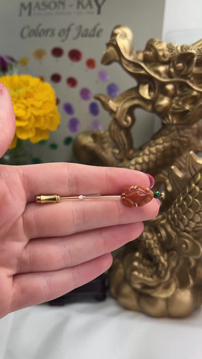 14K YELLOW GOLD RED JADEITE JADE CARVED FROG STICK PIN UPC #384583