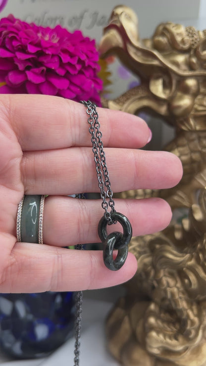 Grey Jadeite Jade Interlocking Double Ring Necklace on 20" Steel Chain | UPC #398764