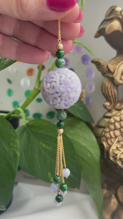 14K YELLOW GOLD LAVENDER JADEITE JADE CARVED BEAD NECKLACE UPC #379176