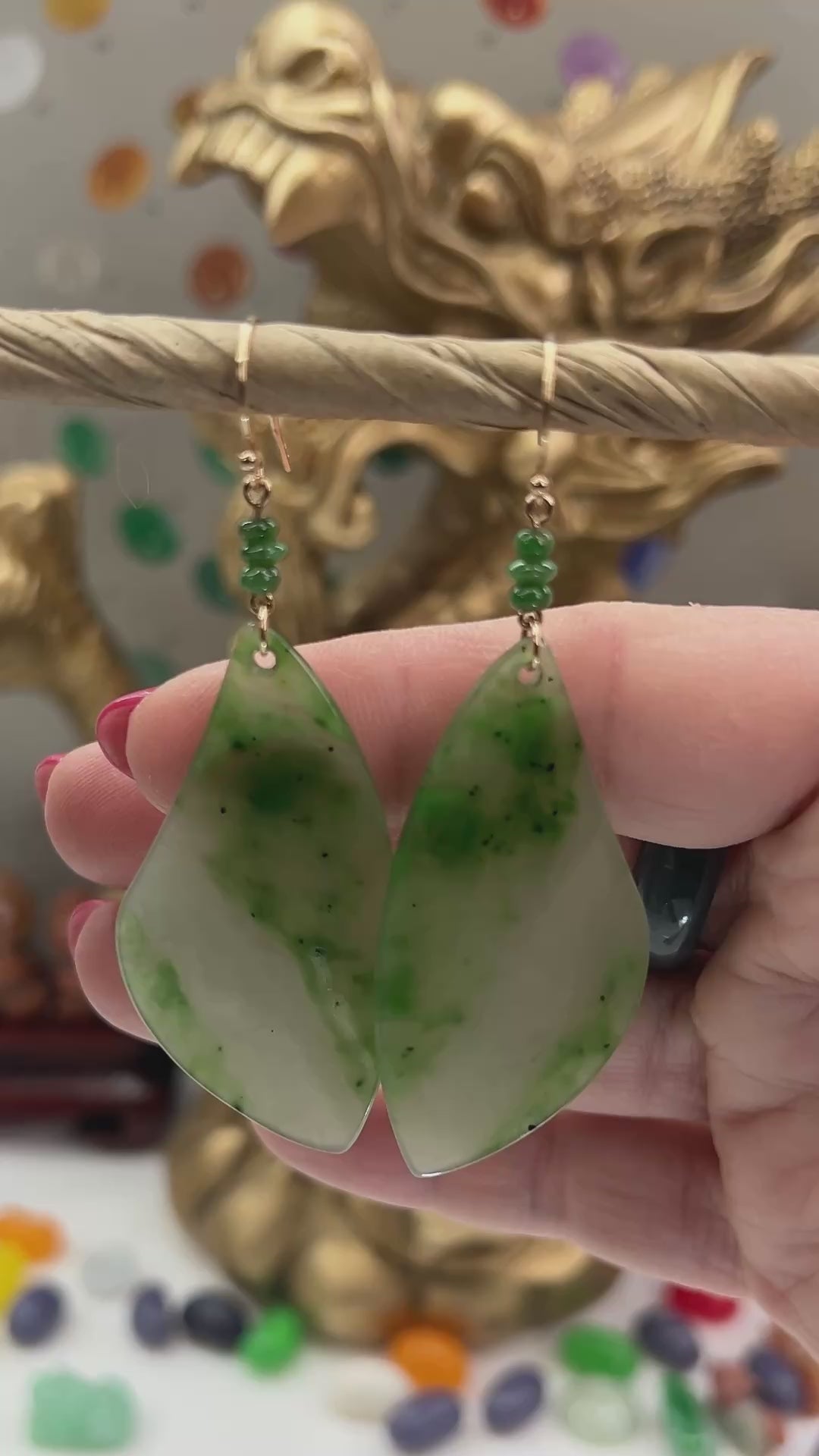 Green Nephrite Jade 14K Yellow Gold Drop Earring jade jewelry