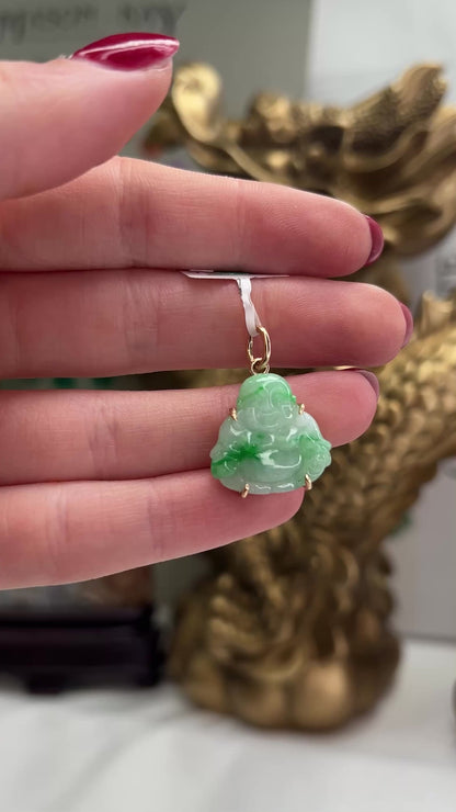 14K Yellow Gold Green and White Jadeite Jade Buddha Carving Pendant | UPC #395497
