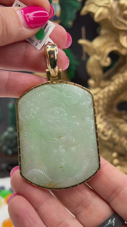 Vintage Green Jadeite Jade Warrior with Dragon 14K Yellow Gold Pendant | UPC #404953