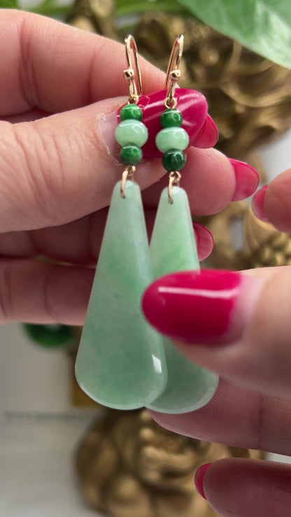 14K YELLOW GOLD GREEN JADEITE JADE FLAT TEAR DROP EARRING UPC #396081