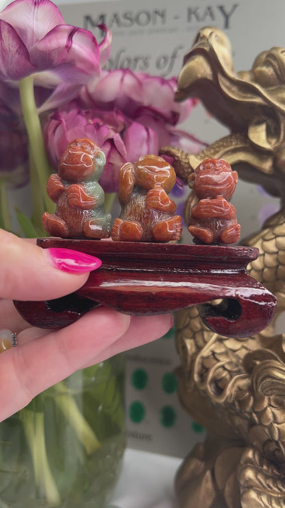 RED JADEITE JADE SET OF THREE MONKEYS CARVED STATUARY UPC #379763