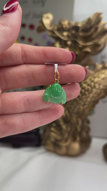 18K Yellow Gold Green Jadeite Jade Carved Buddha Pendant | UPC #395466