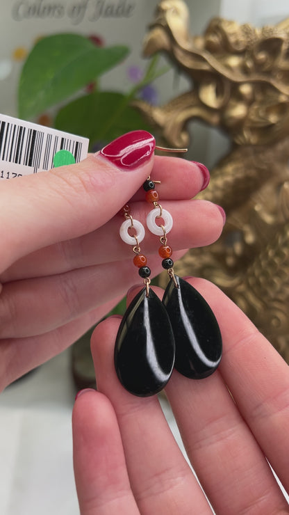 14K YELLOW GOLD BLACK NEPHRITE JADE TEAR DROP EARRING UPC #366985