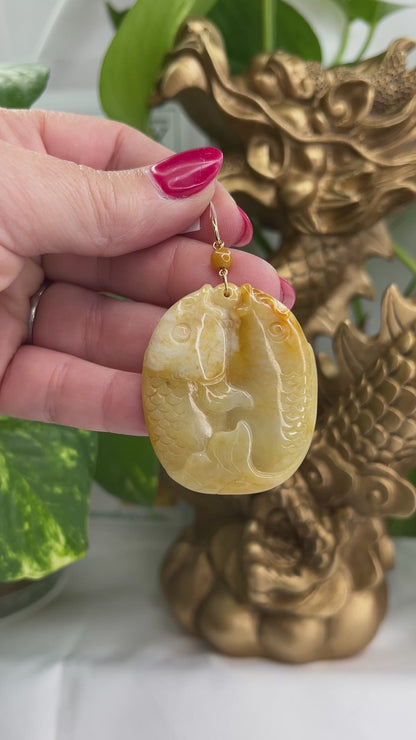14K Yellow Gold Yellow Jadeite Jade Carving of Double Fish | UPC #391994