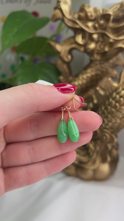 14K Yellow Gold Teardrop-Style Green Jadeite Jade Earrings | UPC #390829