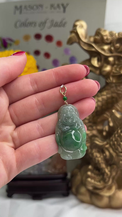 14K YELLOW GOLD GREEN JADEITE JADE STANDING BUDDHA PENDANT UPC #387553