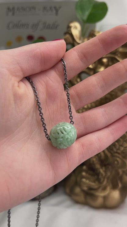 Green Jadeite Jade Carved Dragon and Phoenix Bead Necklace | UPC #393127