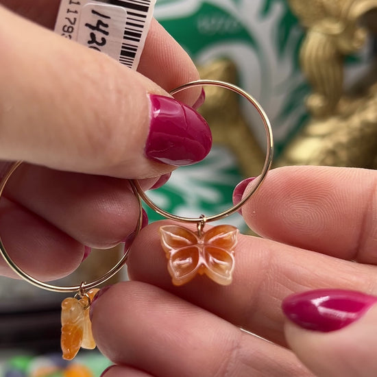 Red Jadeite Jade Butterlfy Charm On 14K Yellow Gold Hoop Earring Jade Jewelry