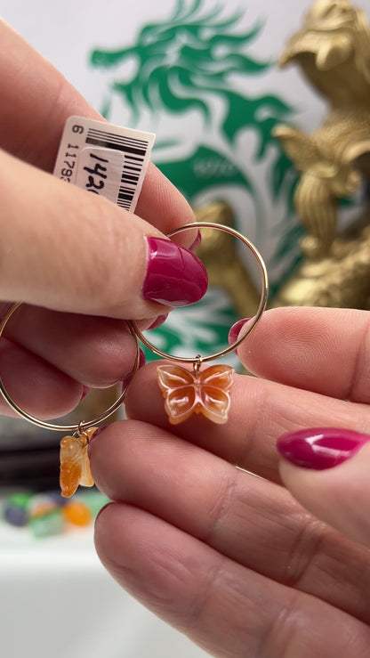 Red Jadeite Jade Butterlfy Charm On 14K Yellow Gold Hoop Earring Jade Jewelry