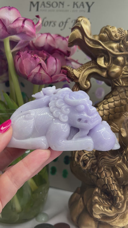 LAVENDER JADEITE JADE FU DOG WITH ORB STATUARY UPC #346741