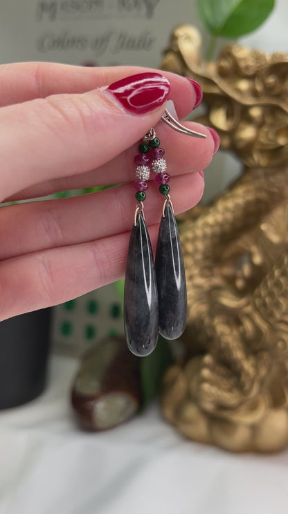 14K WHITE GOLD GREY JADEITE JADE TEAR DROP EARRING UPC #336438