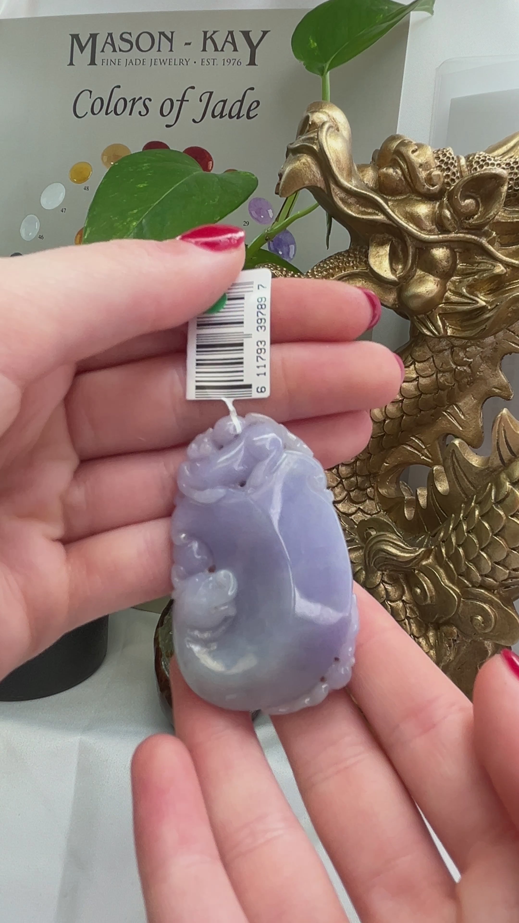 Lavender Jadeite Jade Dragon Carving with Horse and Bat Motif