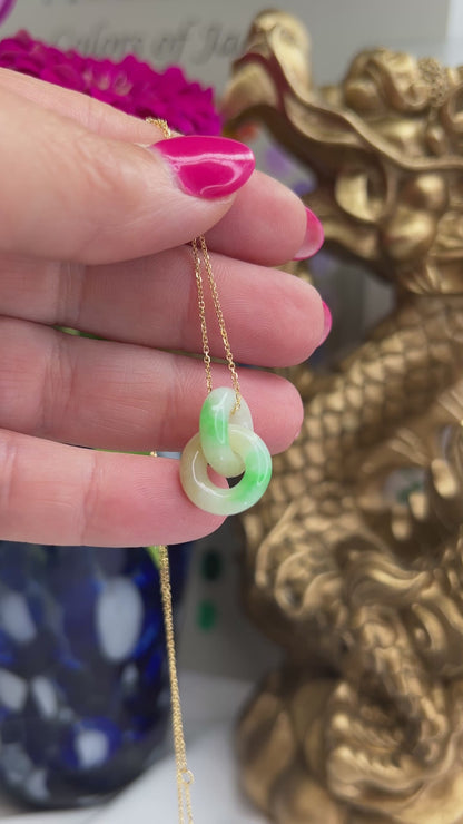 Green and White Jadeite Jade Double Interlocking Rings in 14K Yellow Gold Chain | UPC #398801