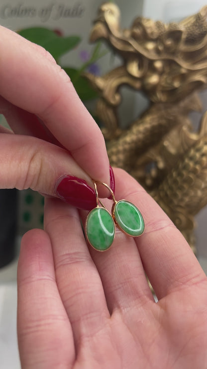 14K YELLOW GOLD GREEN JADEITE JADE OVAL DROP EARRING UPC #394421