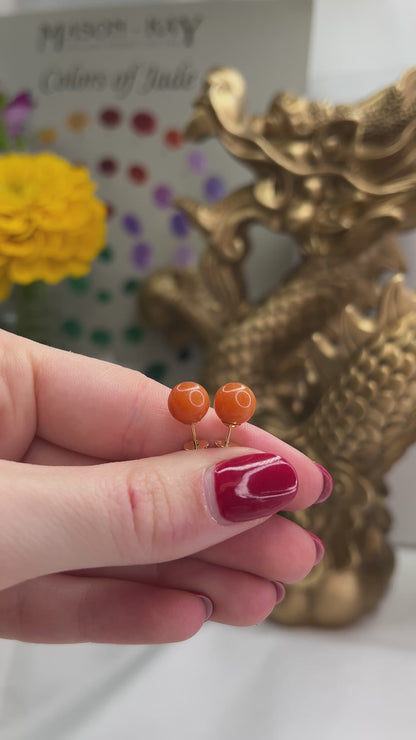 14K YELLOW GOLD ORANGE RED JADEITE JADE 8MM BALL STUD EARRING UPC #381018