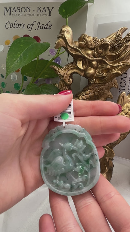 GREEN JADEITE JADE LOOSE CARVED CRANE, LOTUS AND BAT UPC #315044