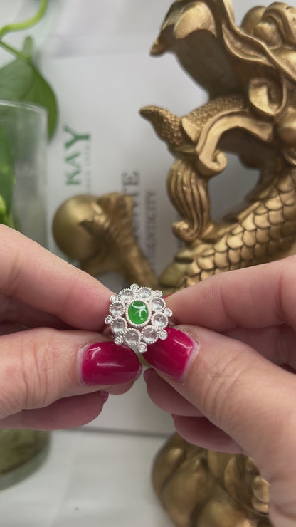 18K White Gold Designer Green and Ice Jadeite Jade Ring | UPC #341685