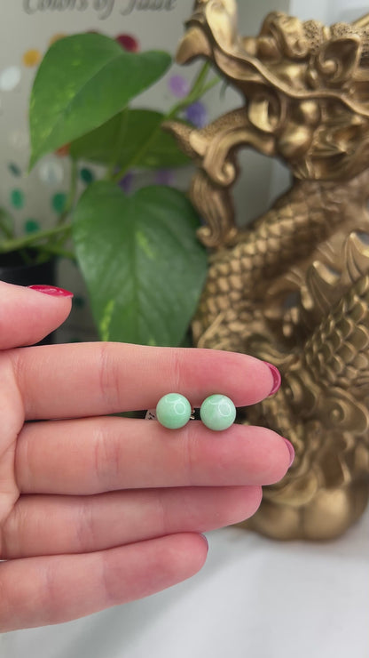 8MM Green Jadeite Jade Ball Stud Earrings in 14K Yellow Gold  | UPC #203624